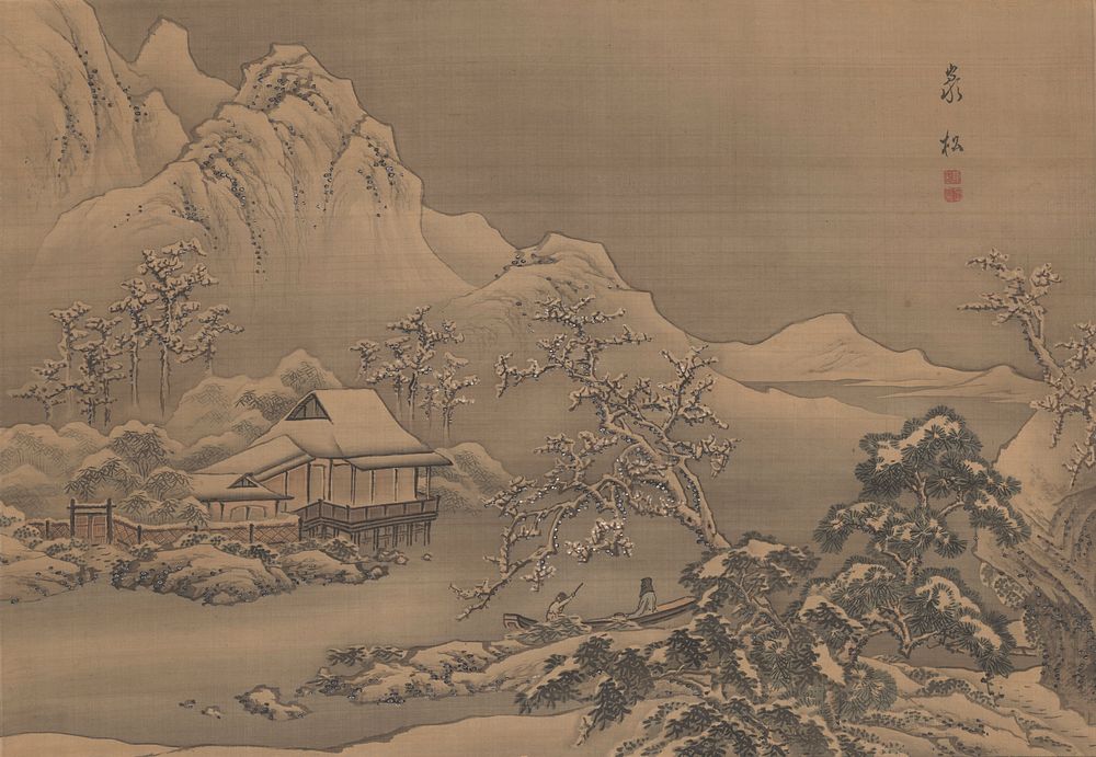 snowy landscape with mountains in background at L; small building in water on stilts at L with attached fenced garden; snow…