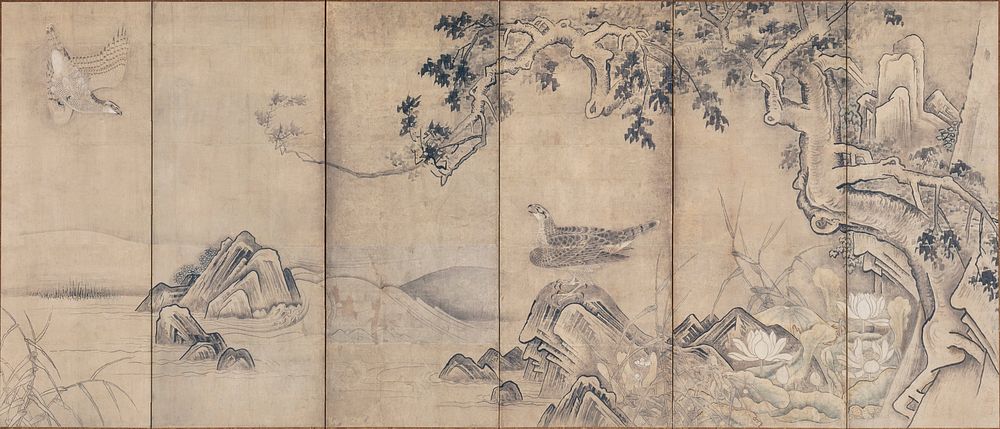 R screen: large tree at R with branches and foliage extending over several panels; cluster of squared rocks at R; lotus…