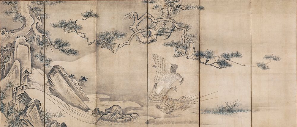 L screen: gnarled, twisting pine tree at L, with branches extending across multiple panels; rocks at L; hawk at lower center…