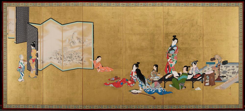 Six-panel folding screen; on L a girl and child are opening up a screen of a landscape, the girl is holding the right edge…