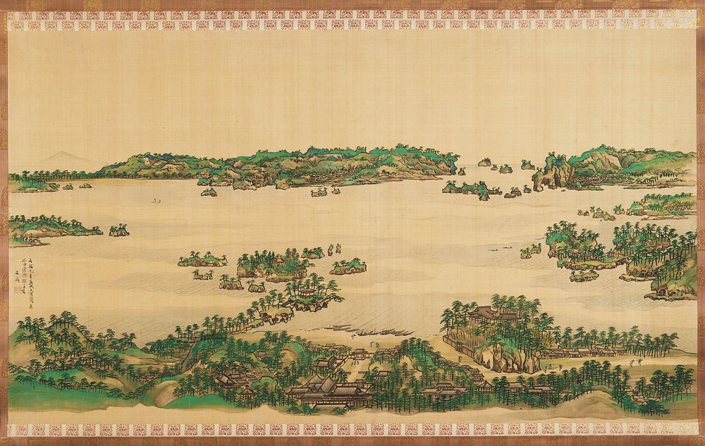 Shoreline in foreground with houses and pine trees; water in middle ground; some islands in background; Mt. Fuji at L far…