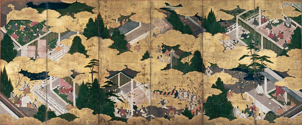 Unsigned; 6 panel screen with vignettes separated by golden clouds; beginning at R, a male figure on a chair, and smaller…