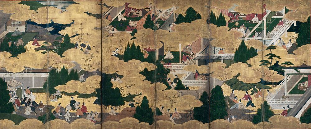 Unsigned; 6 panel screens with various scenes divided by gold clouds; at R, men and women are gathered in a room with two…