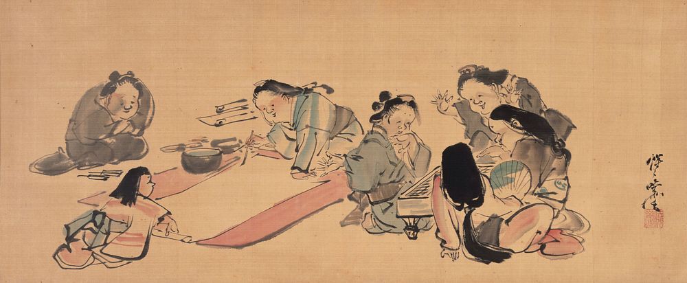 At R, four women gather around a board playing go; one woman at L poised with brush over long sheet held by attendant; older…