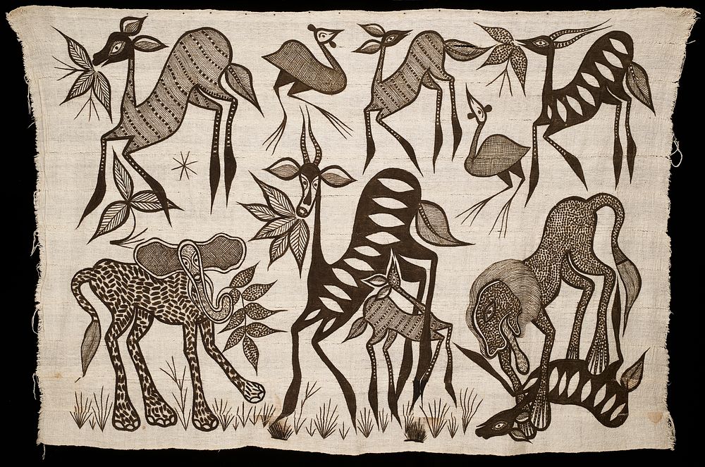 12 strips of loosely-woven cream-colored cloth sewn together; painted design in brown: foliage, deer, birds, elephant and…