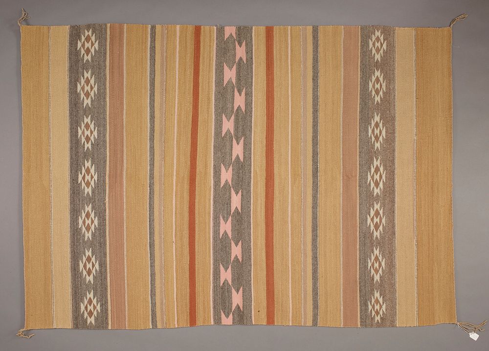 light and medium tan, light brown, white, grey, pink and rust red; plan stripes of various widths and colors; three…