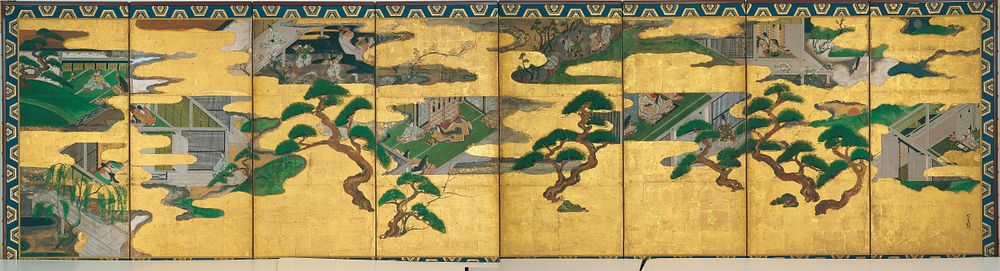 Nine separate scenes from the Tale of Genji arranged between golden clouds and gnarled pine trees; many scenes take place…