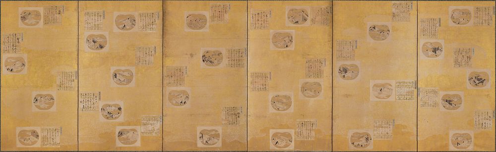 Small sheets of paper (shishiki) decorated with calligraphy or illustrated scenes from Genji dispersed over panels of gold…