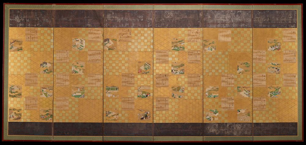 Six panel screen with small paper leafs containing calligraphy or colorful images from the Tale of Genji against gold foil…