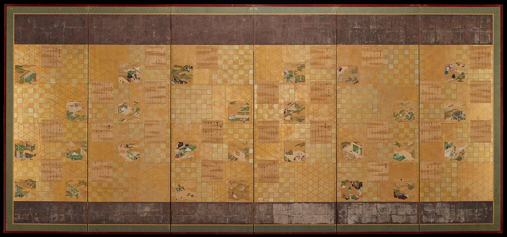 Six-panel screen which combines abstract and geometric painting with vignettes and writing; each panel hosts nine squares;…