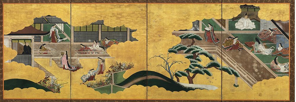 Two cut-away interior vignettes with hill and trees between them; scene on left with man in black at left; standing lady at…