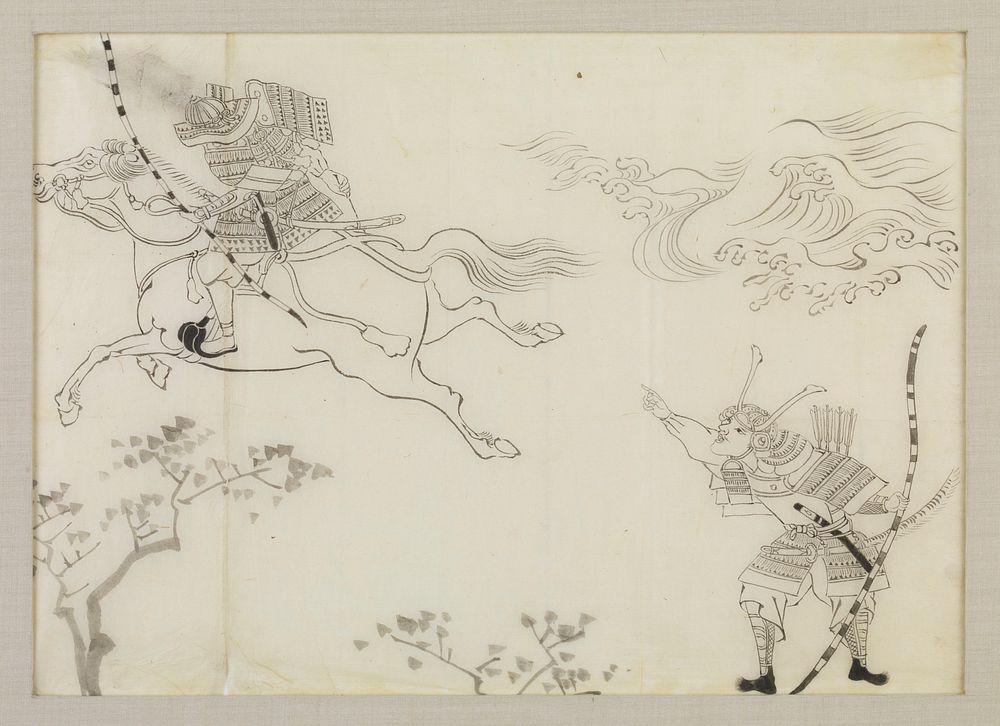 Samurai holding a longbow at lower R pointing upward to another samurai figure riding a horse that is leaping into the air…