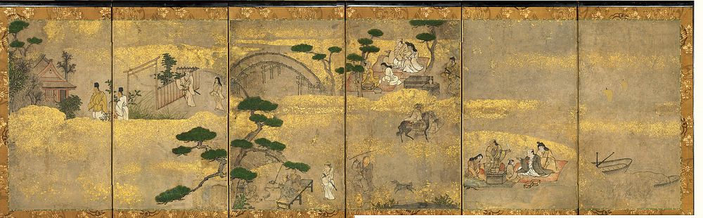 Small six-panel screen; group of people picnicking on red blanket along a shore at R; another group of picnickers near UC…