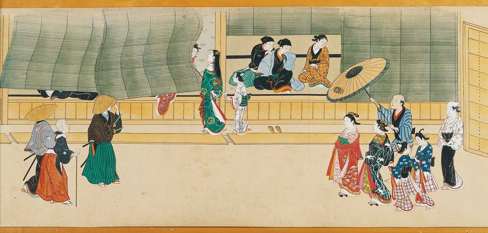 Several vignettes of men and women carousing; men rowing sleeping women on boats; women performing instruments and lounging…