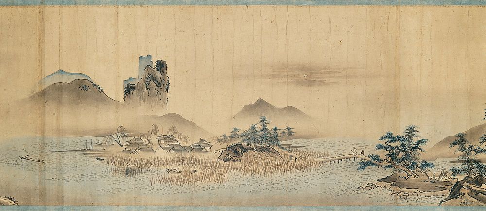 Landscape scene of jagged, rocky mountains, hills within fog, bays with boats, and small buildings tucked away within rocky…