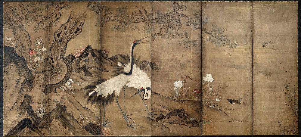 Unsigned; pair of cranes left of center; pine tree at left; swimming duck and pair of smaller birds at right; blooming white…