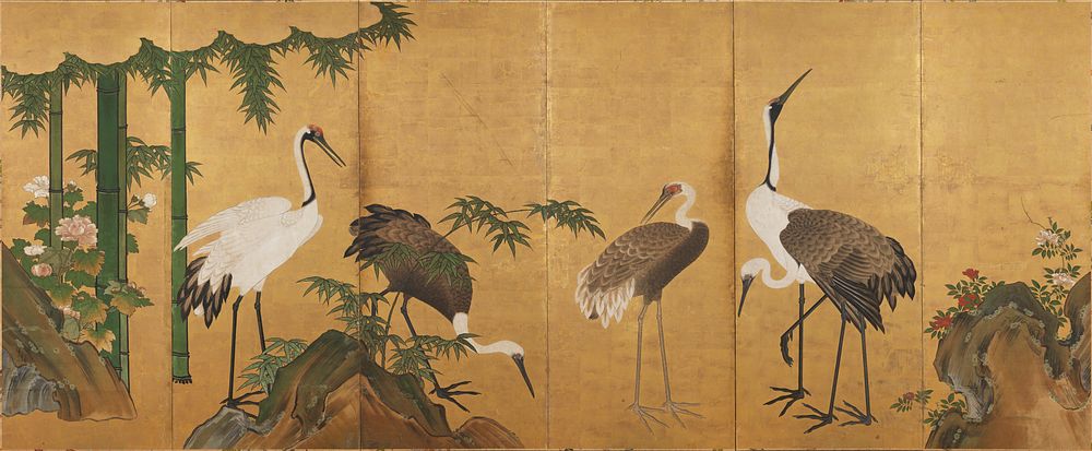 Family of cranes; rocks at R with white and red roses; bamboo fronds and rocks along bottom; large bamboo trees at L with…