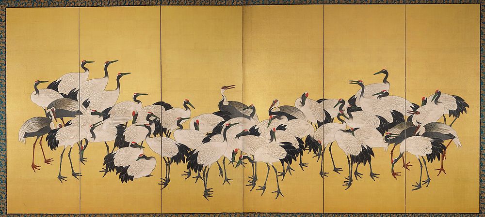 Large flock of cranes, with a few darker gray cranes against a gold background. Original from the Minneapolis Institute of…