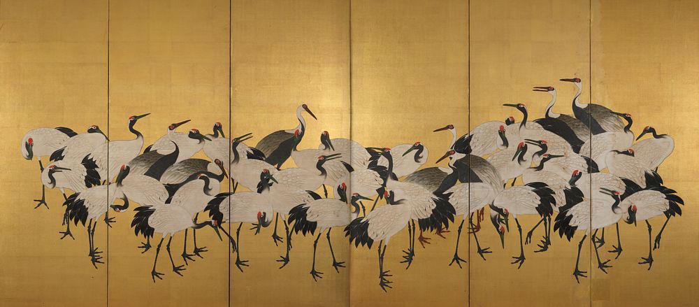 Six panel screen; dense flock of white cranes, and a few cranes with darker feathers against gold background. Original from…