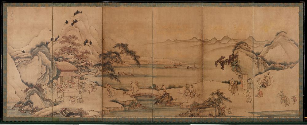 Six panel screen: group of people at R carrying and displaying hanging scrolls at the bases of mountains; harbor with ships…