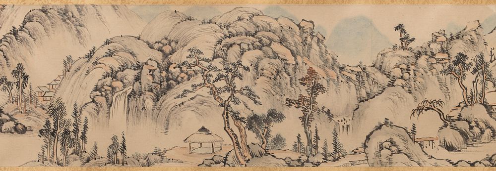 Inscription with large characters in front panel; lightly colored landscape featuring bulbous, rocky mountains; calm bays;…