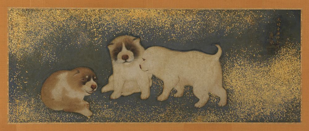 Two panel screen: two puppies on R panel: brown puppy is scratching its face, and white puppy is looking on with mouth…