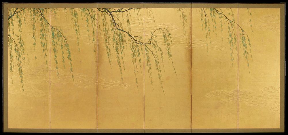 Willow branches descending from above against a gold background with clusters of elevated cloudlike motifs. Original from…