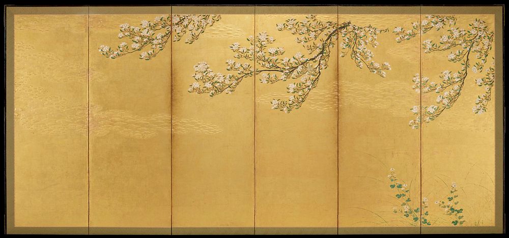 Cherry blossom branches descending from top edge against gold background; elevated gold motifs in background; thin wispy…