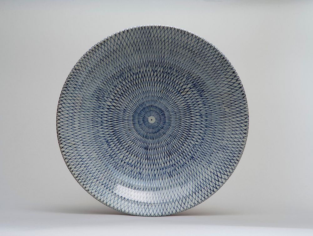 Large round porcelain platter with underglaze blue fishnet design; spot at center; design continues outside. Original from…