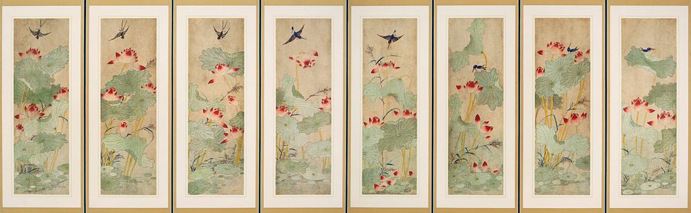 Eight panel screen; lotus leaves with pink blossoms and foliage in pond; blue and black birds perched on or hovering around…