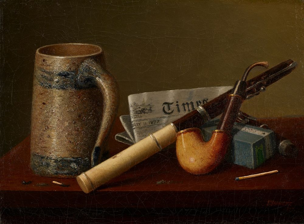 still life with cream and blue tankard at left, folded "Times" newspaper dated 1877 at center, ivory and wood flute with…
