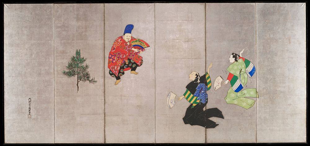 Three figures set against a silver background in various poses; from L to R, a smiling man in a tall blue hat and red kimono…