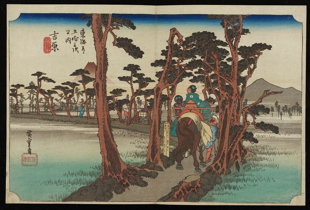 travelers on horseback with guide on narrow, tree lined trail between two marshy fields; crown of Mt. Fuji emerges from the…