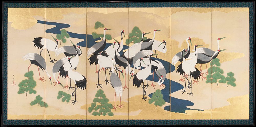 Six paneled screen depicting images of a flock of cranes; gilded background with river running diagonally across image…