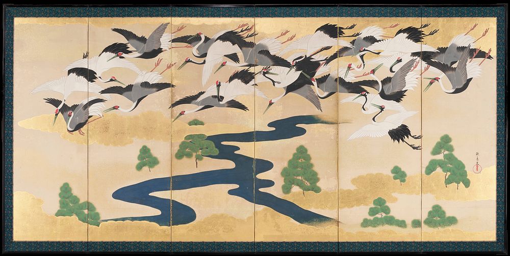 Six paneled folding screen depicting flock of flying cranes in a golden sky with gilded clouds; winding river across lower…