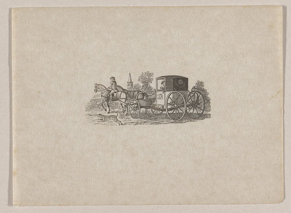 carriage drawn by two horses with rider on horse on PL; man with walking stick seated inside carriage; carriage has "T.B."…