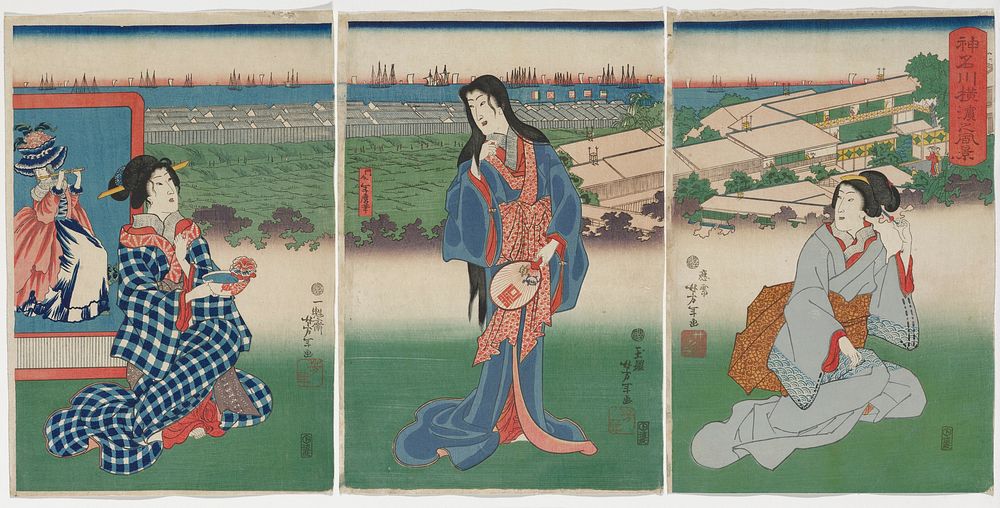 Unattached triptych; three female figures in grass in foreground; woman at L wears blue and white checked kimono, holding a…