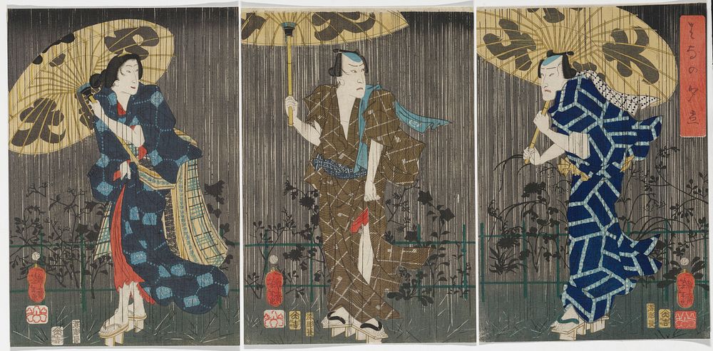 separated triptych; three figures standing a downpour against gray background, each clutching large umbrella; female figure…