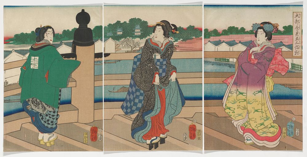 Unattached triptych: three female figures in colorful clothing standing on a bridge over bay with buildings in background;…