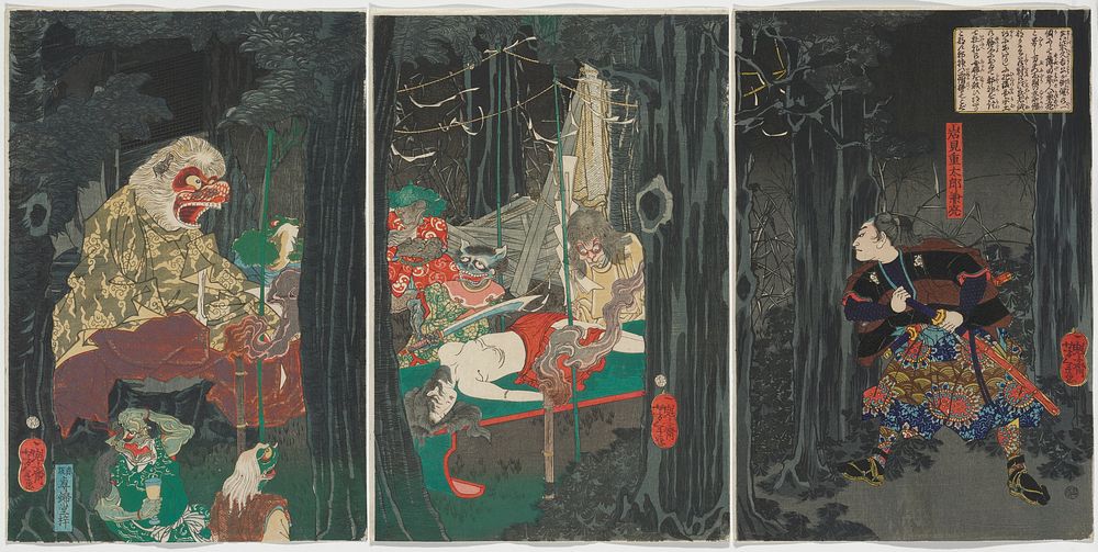 Three separate sheets; night scene with dark tree trunks and foliage; man at right with hair in a ponytail, wearing a black…