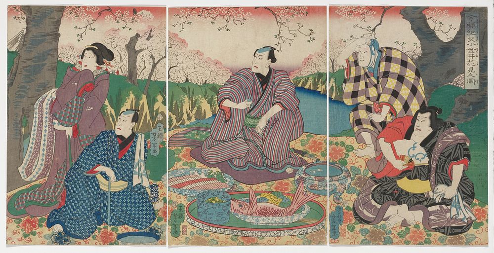 Three separate sheets, unmounted; female figure standing at L behind seated male figure in blue kimono at far L; central…