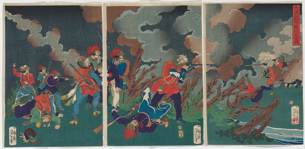 Soldiers in predominately red and purple tunics and blue pants, with rifles, at left; two fallen men with bugles; man at…
