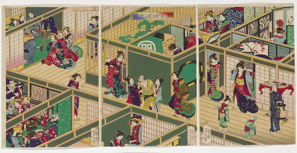 Three separate sheets; overhead roofless view of a large building with many rooms; group of men and women dining with woman…
