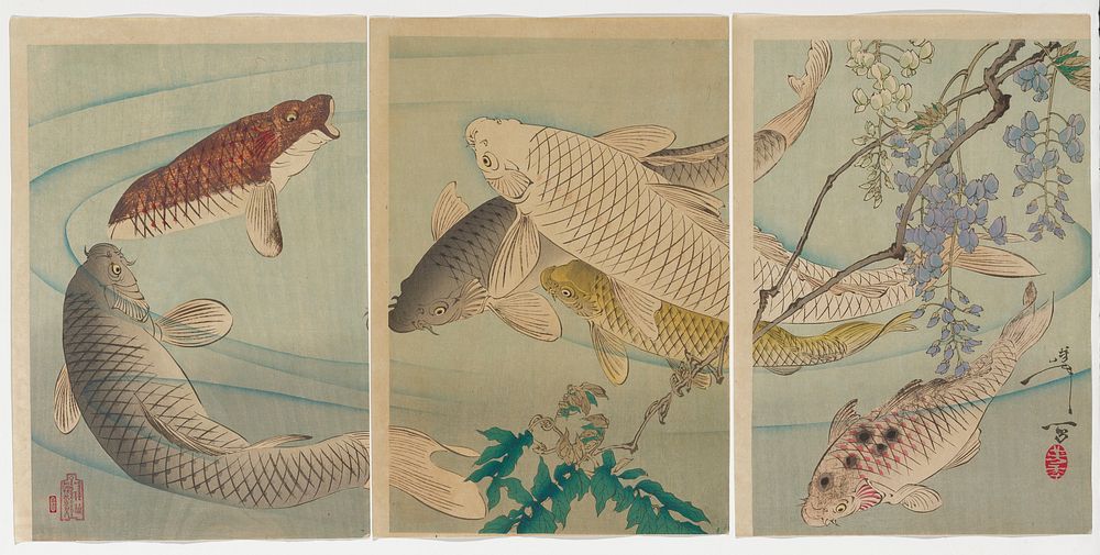Three separate sheets; six swimming fish with branches with green leaves and purple and white flowers diagonally across…