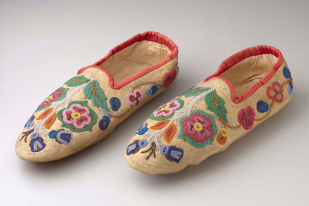 slipper-style without fasteners; floral motif beadwork on tops and sides in multicolored and metallic beads; red cloth…