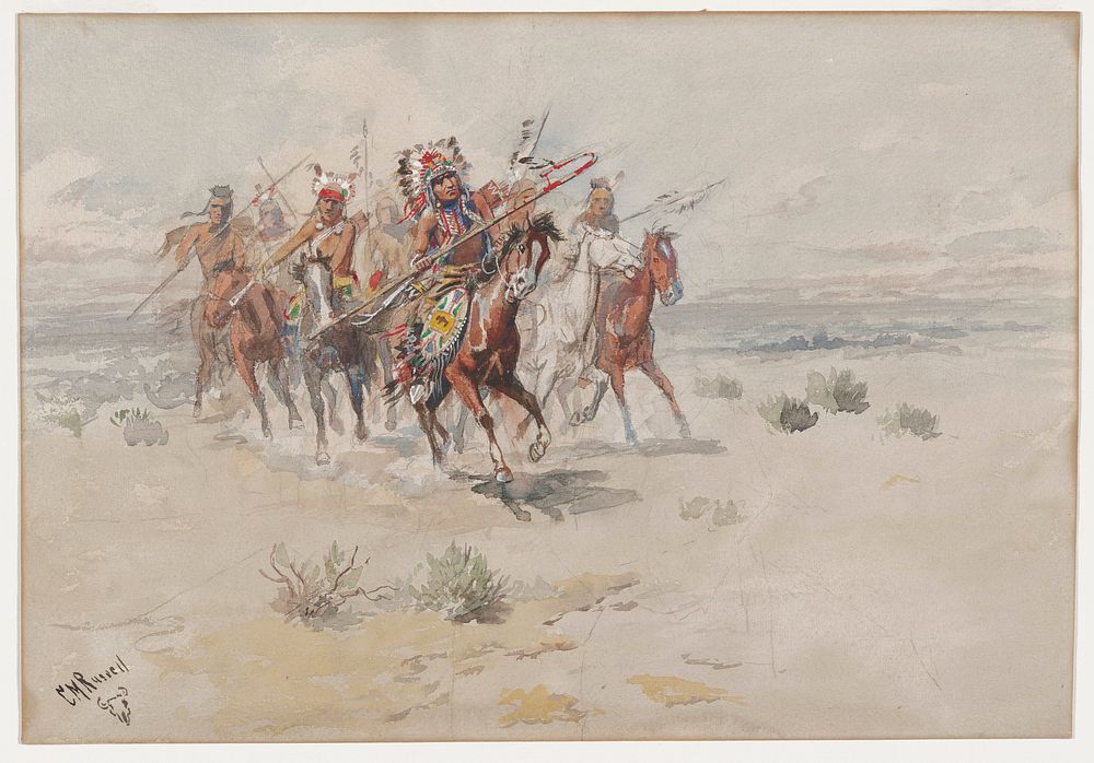 group of male figures, some adorned in ornate headdresses with feathers, carrying spears and riding on horseback; leading…
