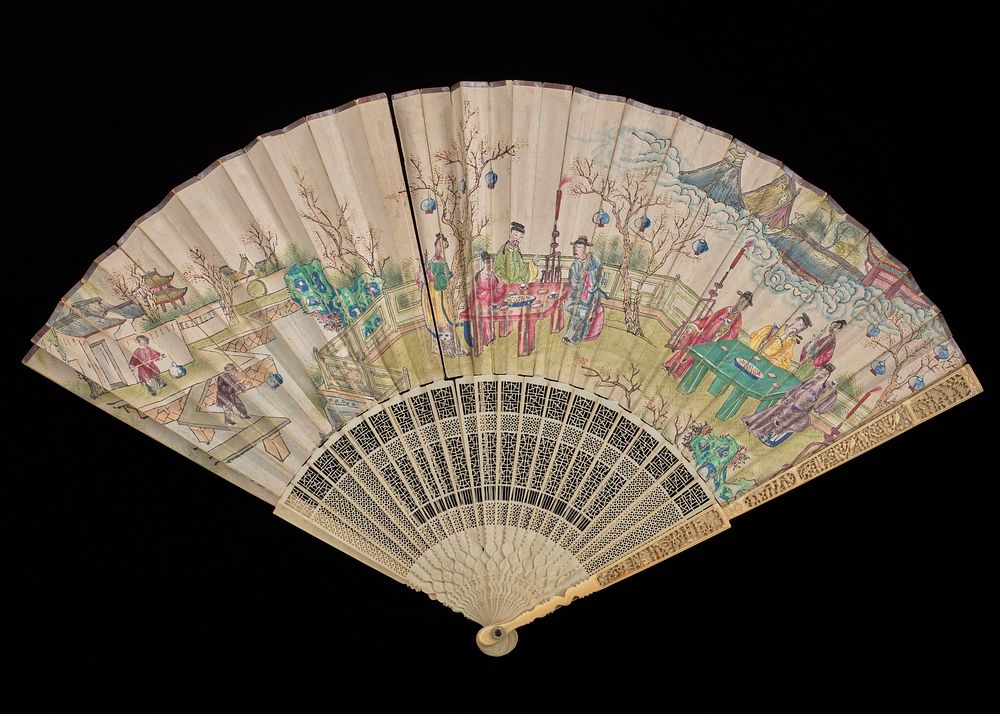 folding fan with ivory monture; paper leaf with painted motif of red flowers and blue rock on one side, figures at two…