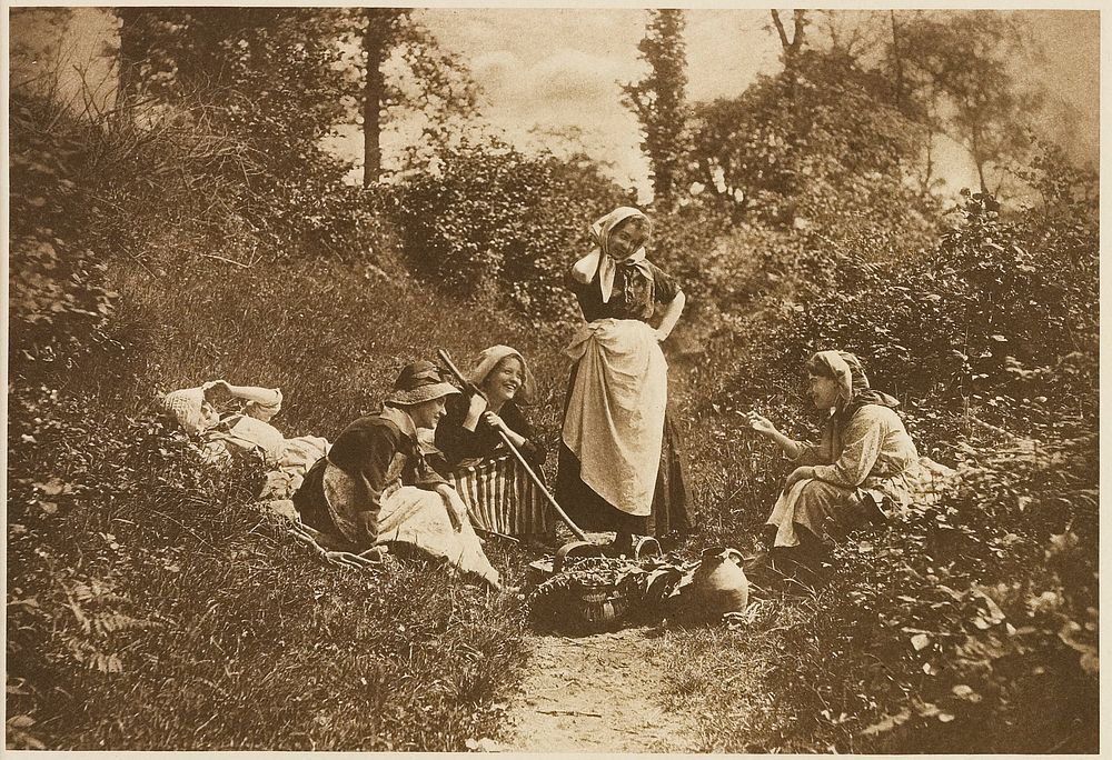 5 women (3 seated, one reclining, one standing) on a dirt path, with baskets and jugs before them; from a portfolio with…