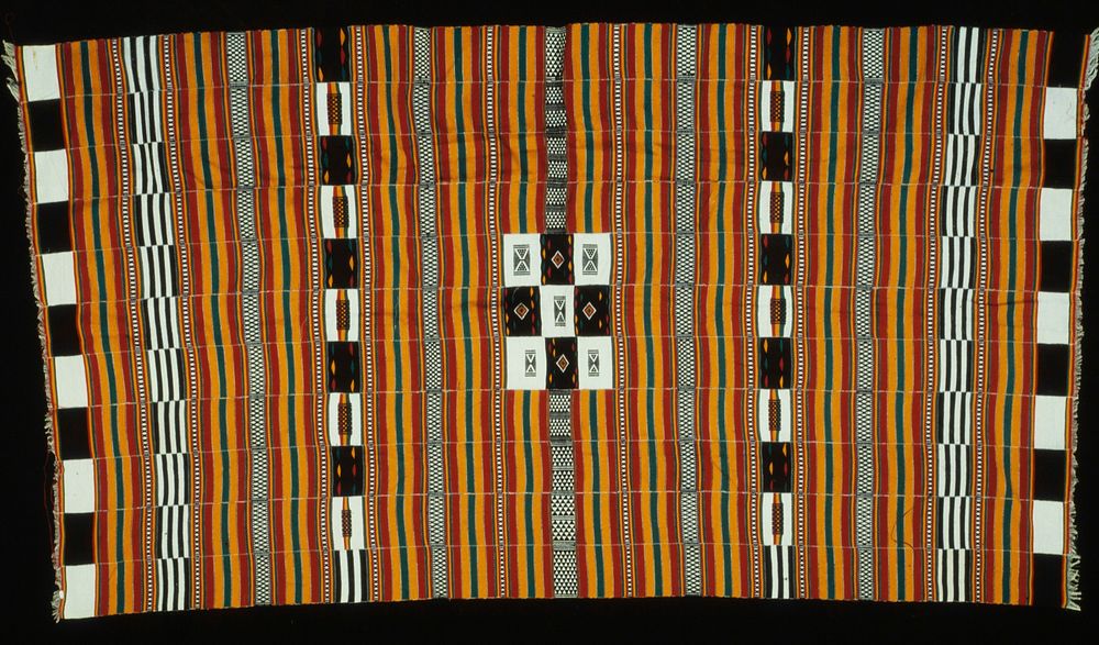 blanket, cotton, African (Mali), stored in box; 'Simmons African'; stored w/ 86.100.4; checkerboard of red, yellow, green…