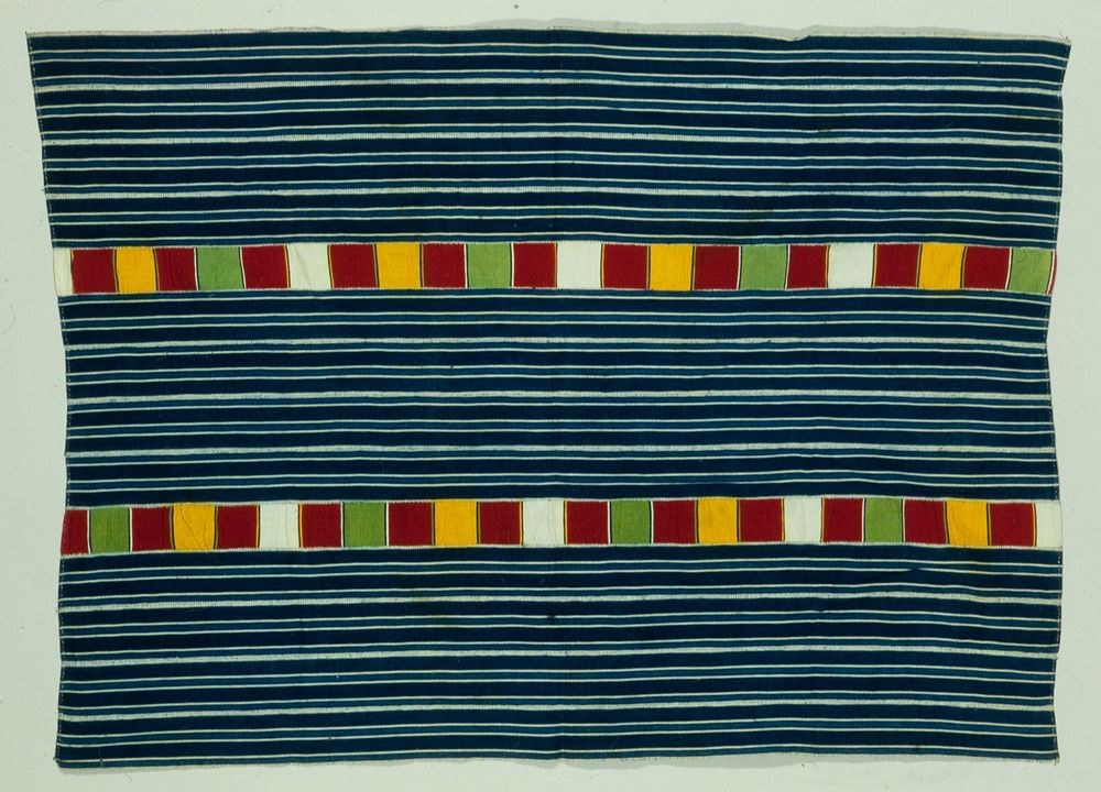 panel, striped blue and white strip cloth with two checked insets checks of white, red, gold, green; cotton. Original from…
